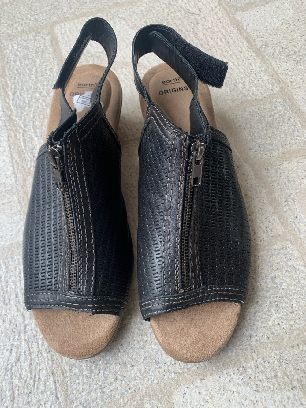 Earth Origins Black Perforated Slingback Heels with Brown Heel